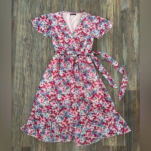 Pretty Garden M Floral Ruffle Hem Wrap Chiffon Belted Dress S/S V-Neck Colorful